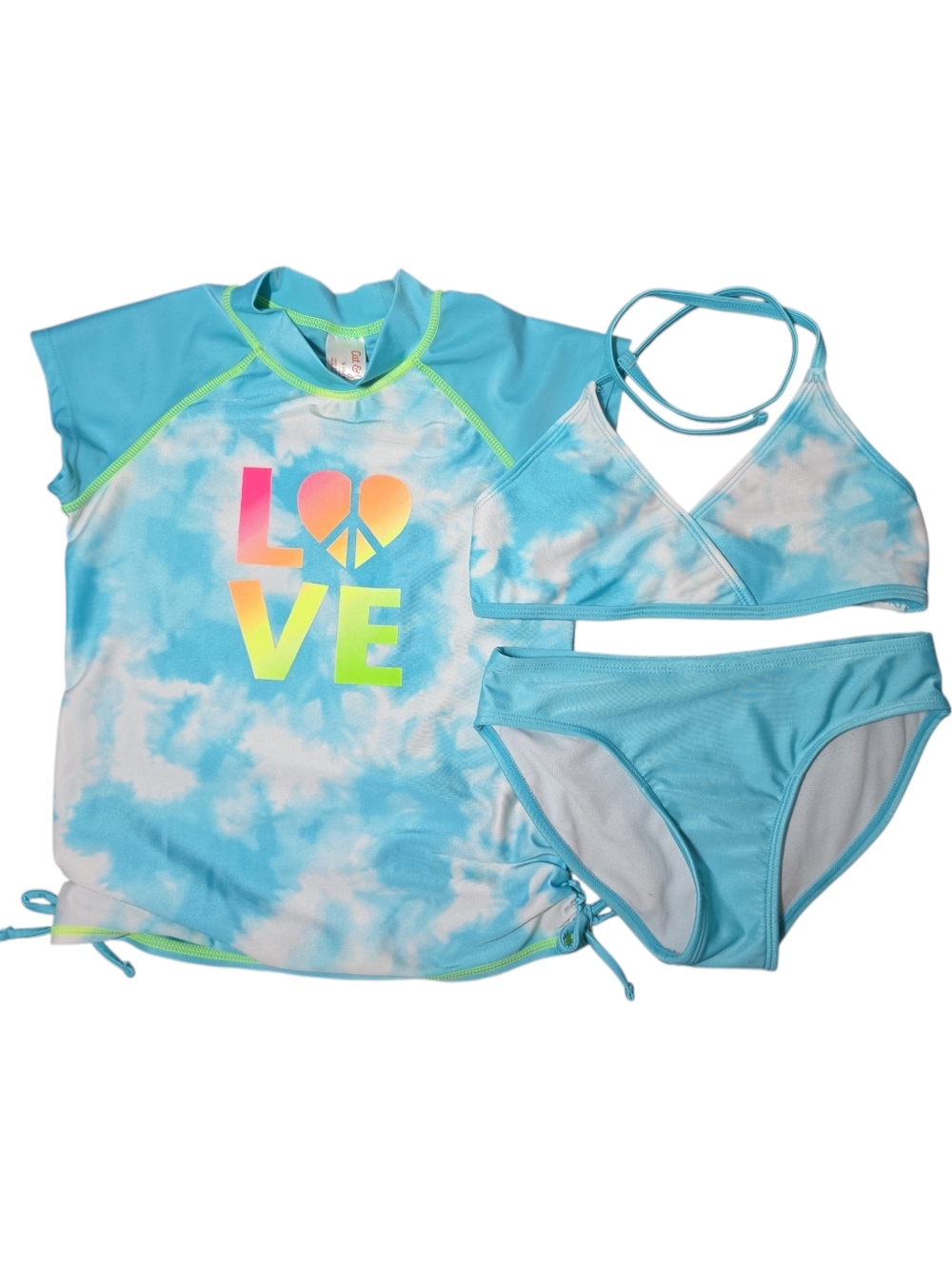 Cat & Jack Girls Turquoise Tie-Dye Swim Set with 'LOVE' Graphic - 3-Piece